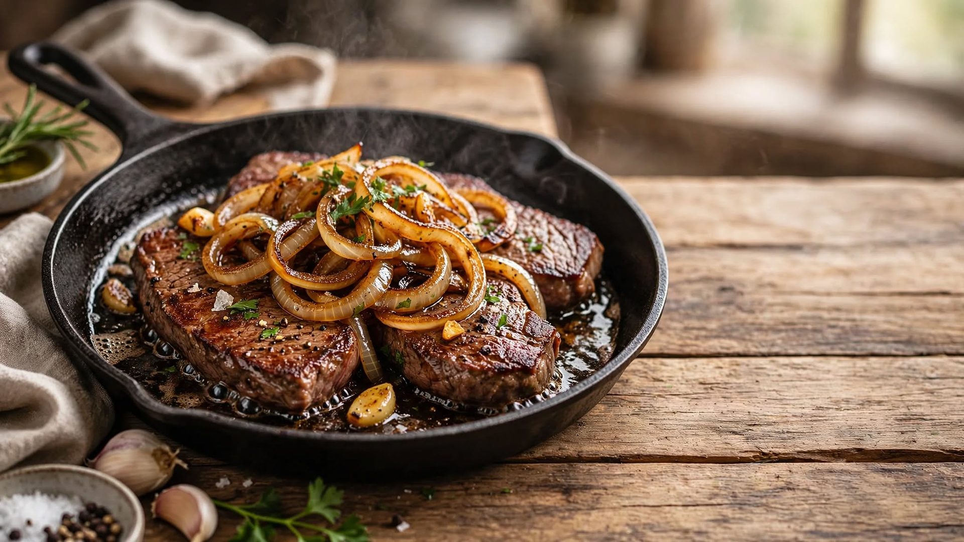 Bife acebolado de frigideira