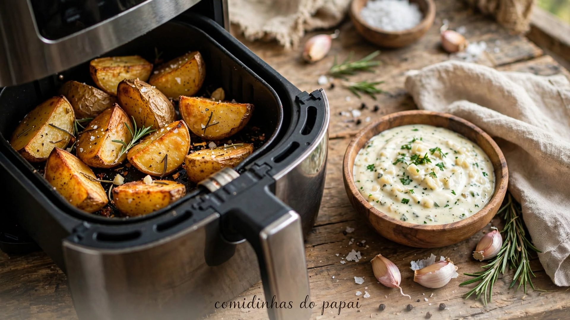 Batata rústica na air fryer com molho de alho